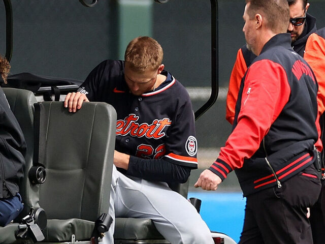 MINNEAPOLIS, MINNESOTA - APRIL 09: Parker Meadows #22 of the Detroit Tigers is carted off the field after colliding with teammate Riley Greene #31 (not pictured) in the eighth inning at Target Field on April 09, 2026 in Minneapolis, Minnesota. The Twins defeated the Tigers 3-1.