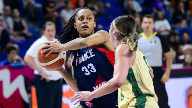 BRNO, CZECH REPUBLIC - JULY 15: Nell Angloma of France looks to pass during the FIBA U19 Women's Basketball World Cup 2025 Group C game between Australia and France at Starez Arena Vodova on July 15, 2025 in Brno, Czech Republic.