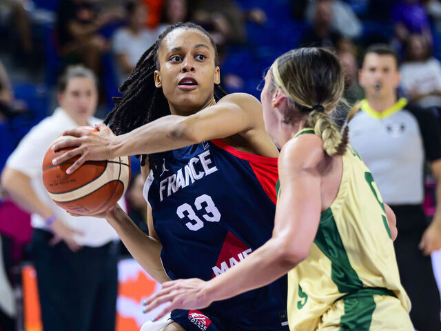 BRNO, CZECH REPUBLIC - JULY 15: Nell Angloma of France looks to pass during the FIBA U19 Women's Basketball World Cup 2025 Group C game between Australia and France at Starez Arena Vodova on July 15, 2025 in Brno, Czech Republic.
