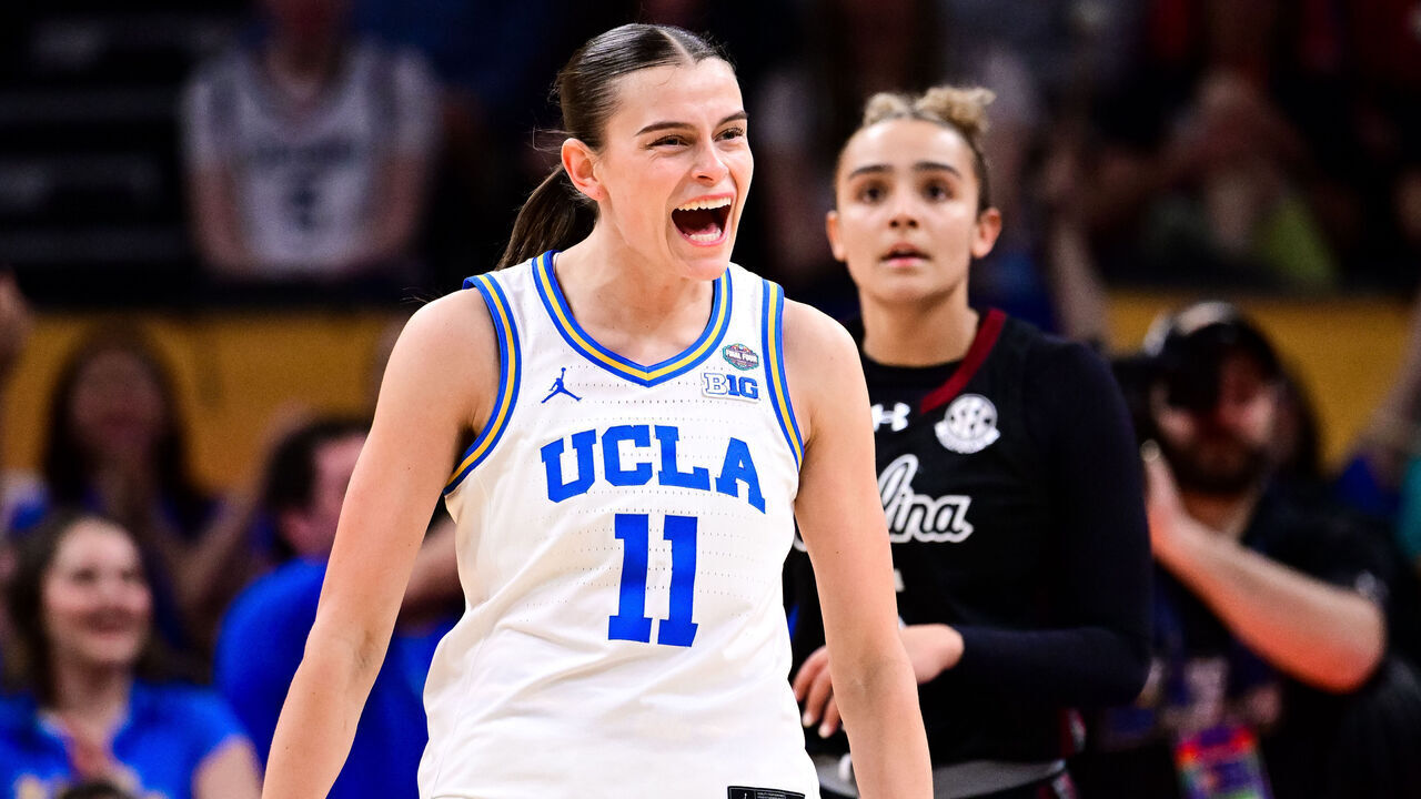 PHOENIX, ARIZONA - APRIL 5: Gabriela Jaquez #11 of the UCLA Bruins reacts during the second half of the NCAA Women's Basketball Championship game against the South Carolina Gamecocks at Mortgage Matchup Center on April 5, 2026 in Phoenix, Arizona.