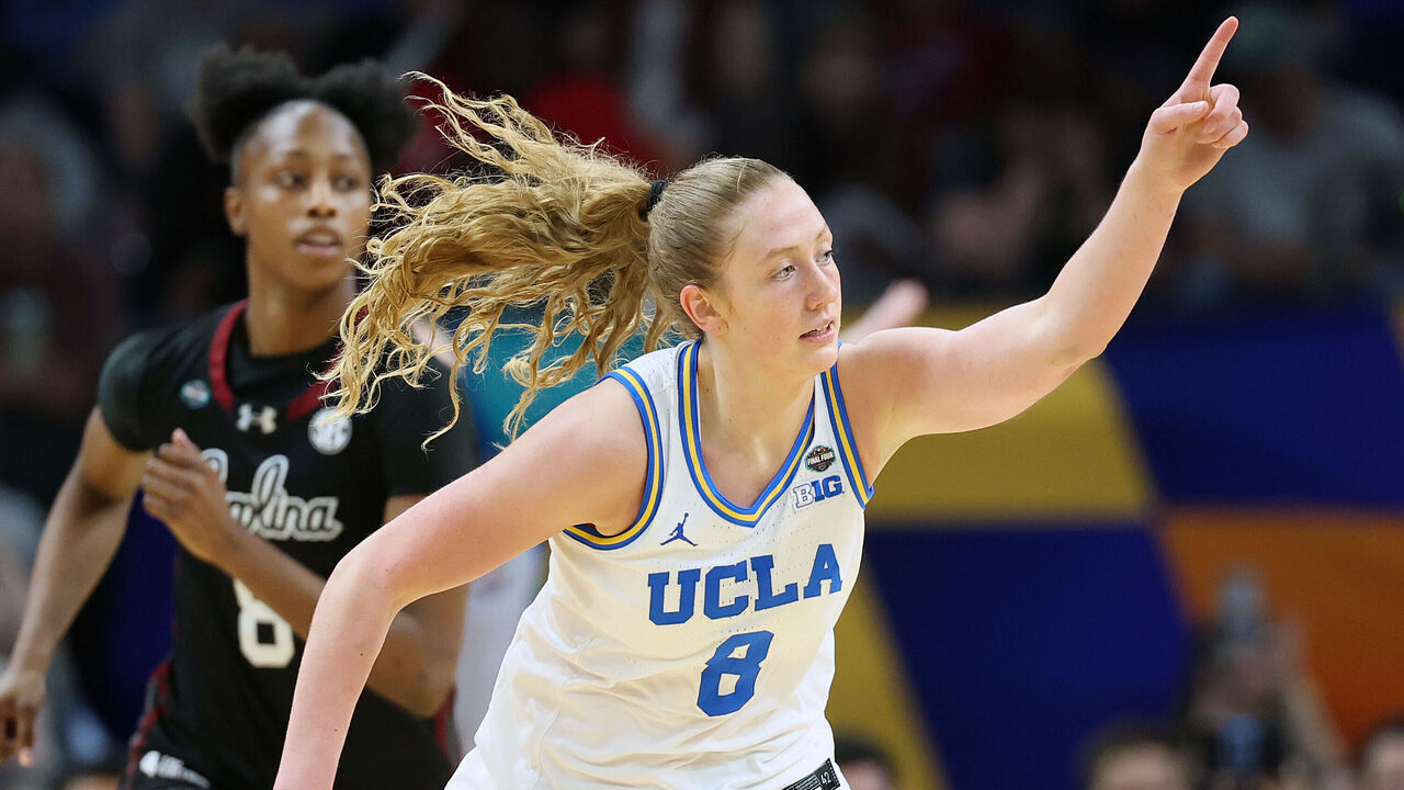PHOENIX, ARIZONA - APRIL 05: Gianna Kneepkens #8 of the UCLA Bruins reacts during the second quarter against the South Carolina Gamecocks in the National Championship of the NCAA Women's Basketball Tournament at Mortgage Matchup Center on April 05, 2026 in Phoenix, Arizona.