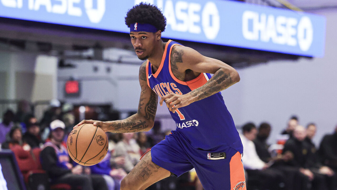 WHITE PLAINS, NY - FEBRUARY 21: Dink Pate #1 of the Washington Wizards dribbles the ball during the game against the Cleveland Charge on February 21, 2026 at Westchester County Center in White Plains, NY. Mandatory Copyright Notice: Copyright 2026 NBAE