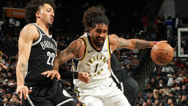BROOKLYN, NY - APRIL 9: Obi Toppin #1 of the Indiana Pacers dribbles the ball during the game against the Brooklyn Nets on April 9, 2026 at Barclays Center in Brooklyn, New York. Mandatory Copyright Notice: Copyright 2026 NBAE