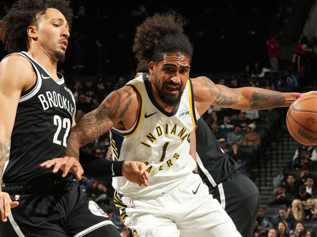 BROOKLYN, NY - APRIL 9: Obi Toppin #1 of the Indiana Pacers dribbles the ball during the game against the Brooklyn Nets on April 9, 2026 at Barclays Center in Brooklyn, New York. Mandatory Copyright Notice: Copyright 2026 NBAE