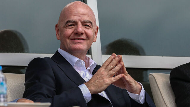 FIFA's President Gianni Infantino (C) arrives to attend a friendly football match between Iran and Costa Rica, in Antalya, southern Turkey, on March 31, 2026. FIFA's president told AFP that Iran "will be at the World Cup" despite the Middle East war.