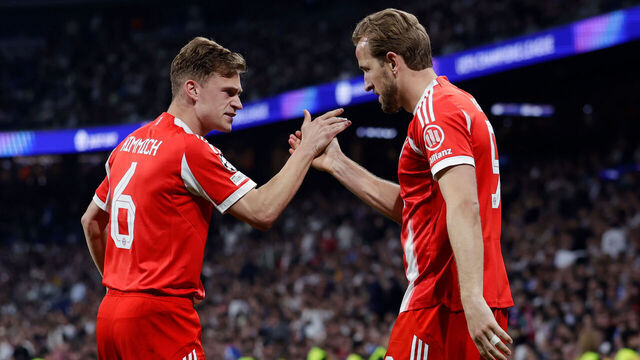 MADRID, SPAIN - APRIL 7: Harry Kane of FC Bayern Munchen celebrates 0-2 with Joshua Kimmich of FC Bayern Munchen during the UEFA Champions League match between Real Madrid v Bayern Munchen at the Estadio Santiago Bernabeu on April 7, 2026 in Madrid Spain