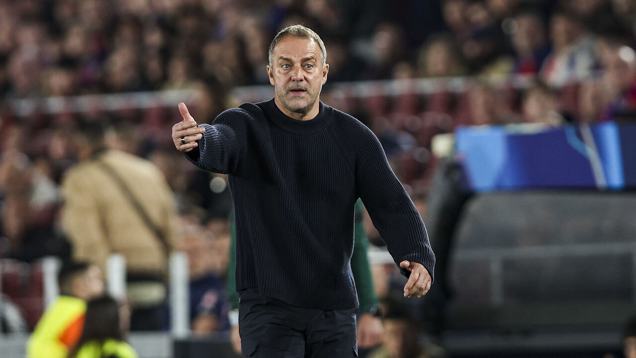 Hansi Flick, coach of FC Barcelona, during the UEFA Champions League quarter-final first leg match between FC Barcelona and Atletico de Madrid at Spotify Camp Nou Stadium on April 8, 2026, in Barcelona, Spain.