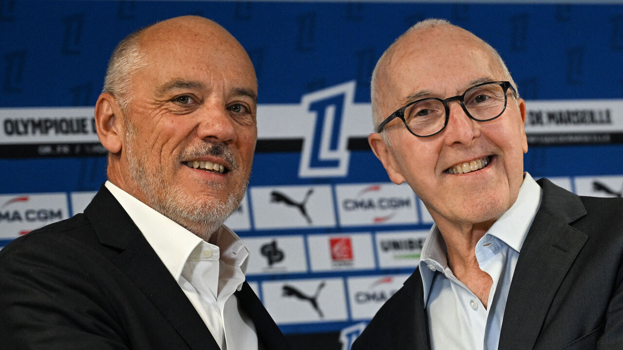 Marseille's newly appointed President Stephane Richard (L) and Marseille's US owner Frank McCourt attend a press conference at the Velodrome Stadium in Marseille, southeastern France, on April 10, 2026. Appointed president of Olympique de Marseille on April 10, 2026, Stephane Richard is a senior executive who has worked in ministerial offices and served as CEO of the telecommunications group Orange for over 10 years, and who has some ties to Marseille.