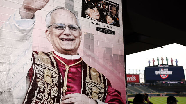 CHICAGO, IL - APRIL 03: A general view of the Pope Leo mural inside Rate Field prior to the game between the Toronto Blue Jays and the Chicago White Sox at Rate Field on Friday, April 3, 2026 in Chicago, Illinois.