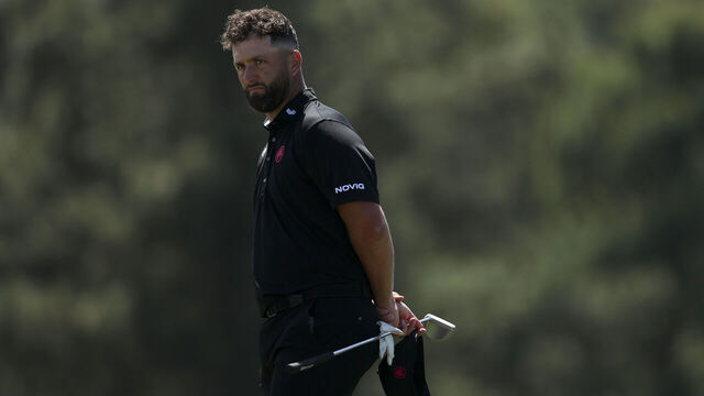 AUGUSTA, GEORGIA - APRIL 10: Jon Rahm of Spain reacts on the 18th green during the second round of the 2026 Masters Tournament at Augusta National Golf Club on April 10, 2026 in Augusta, Georgia.