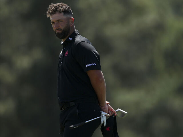 AUGUSTA, GEORGIA - APRIL 10: Jon Rahm of Spain reacts on the 18th green during the second round of the 2026 Masters Tournament at Augusta National Golf Club on April 10, 2026 in Augusta, Georgia.