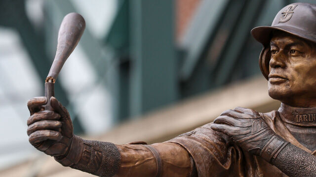 SEATTLE, WASHINGTON - APRIL 10: The bat on the Ichiro Suzuki statue is broken during the unveiling of the Ichiro Suzuki statue before the game against the Houston Astros at T-Mobile Park on April 10, 2026 in Seattle, Washington.