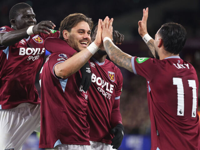 LONDON, ENGLAND - APRIL 10: West Ham United's Konstantinos Mavropanos celebrates scoring his side's fourth goal with Taty Castellanos during the Premier League match between West Ham United and Wolverhampton Wanderers at London Stadium on April 10, 2026 in London, United Kingdom.