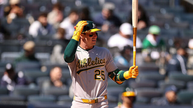 NEW YORK, NEW YORK - APRIL 09: Brent Rooker #25 of the Athletics at bat before exiting to the dugout with an apparent injury in the first inning against the New York Yankees at Yankee Stadium on April 09, 2026 in New York City.