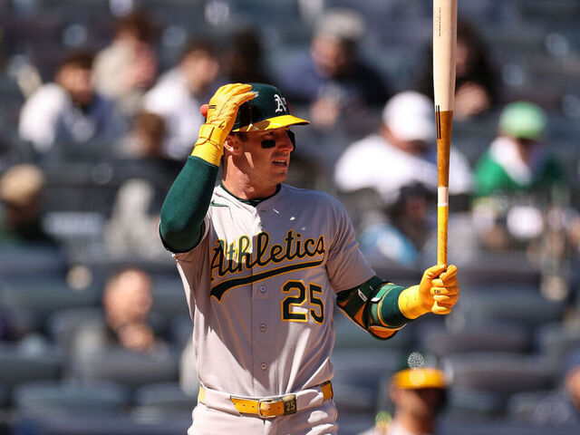 NEW YORK, NEW YORK - APRIL 09: Brent Rooker #25 of the Athletics at bat before exiting to the dugout with an apparent injury in the first inning against the New York Yankees at Yankee Stadium on April 09, 2026 in New York City.