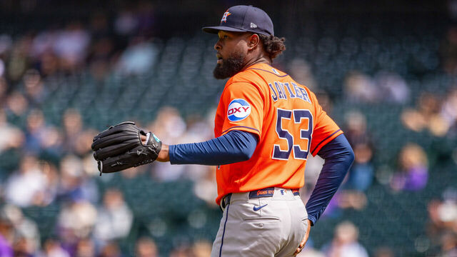 DENVER, CO - APRIL 08: Cristian Javier #53 of the Houston Astros pitches during the game between the Houston Astros and the Colorado Rockies at Coors Field on Wednesday, April 8, 2026 in Denver, Colorado.