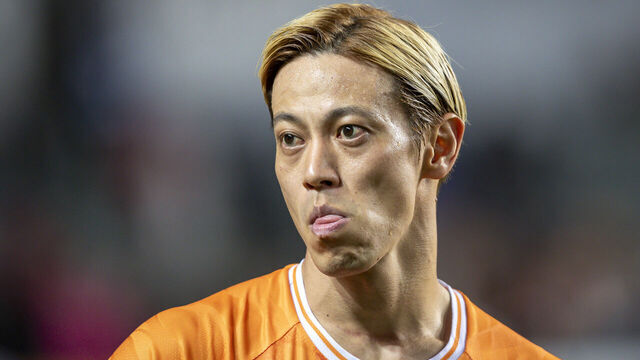 HONG KONG, CHINA - FEBRUARY 1: Keisuke Honda of World Legends reacts during the FWD Insurance Chinese New Year Cup match between World Legends and Hong Kong Legends at Hong Kong Stadium on February 1, 2025 in Hong Kong, China.