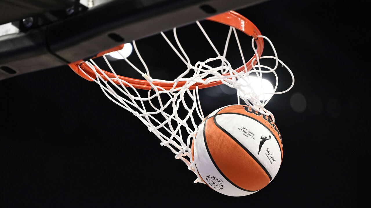 SAN FRANCISCO, CALIFORNIA - AUGUST 06: The WNBA logo is seen on a basketball before the game between the Las Vegas Aces and the Golden State Valkyries at Chase Center on August 06, 2025 in San Francisco, California.