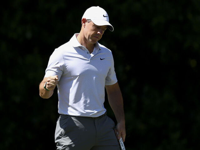 AUGUSTA, GEORGIA - APRIL 10: Rory McIlroy of Northern Ireland acknowledges the crowd after making a birdie on the fourth hole during the second round of the 2026 Masters Tournament at Augusta National Golf Club on April 10, 2026 in Augusta, Georgia.