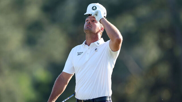 AUGUSTA, GEORGIA - APRIL 10: Bryson DeChambeau of the United States reacts on the 18th green during the second round of the 2026 Masters Tournament at Augusta National Golf Club on April 10, 2026 in Augusta, Georgia.