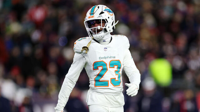 FOXBOROUGH, MASSACHUSETTS - JANUARY 04: Jack Jones #23 of the Miami Dolphins in action during the game against the New England Patriots at Gillette Stadium on January 04, 2026 in Foxborough, Massachusetts.