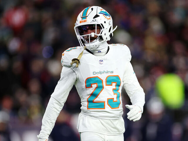 FOXBOROUGH, MASSACHUSETTS - JANUARY 04: Jack Jones #23 of the Miami Dolphins in action during the game against the New England Patriots at Gillette Stadium on January 04, 2026 in Foxborough, Massachusetts.