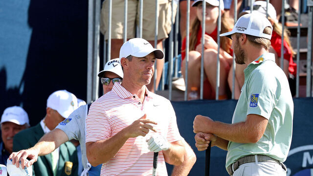 CASTLE ROCK, CO - AUGUST 24: PGA golfers Rory McIlroy and Sam Burns talk while waiting on the first tee during the third round of the PGA FedExCup BMW Championship on August 24th, 2024, at Castle Pines Golf Club in Castle Rock, Colorado.