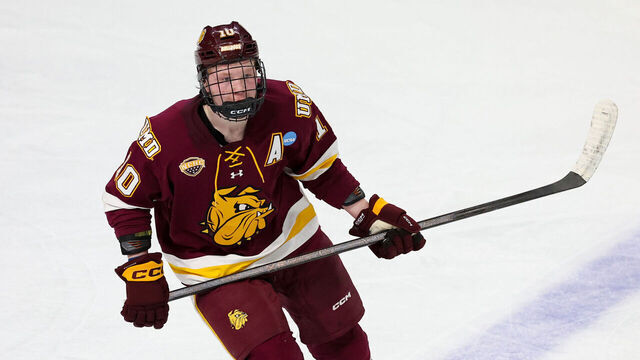 ALBANY, NEW YORK - MARCH 29: Max Plante #10 of the Minnesota Duluth Bulldogs skates against the Michigan Wolverines during the NCAA Division I Men's Ice Hockey Regional Championship final at the MVP Arena on March 29, 2026 in Albany, New York. The Wolverines won 4-3 to advance to the Frozen Four.