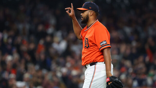 DETROIT, MICHIGAN - APRIL 10: Kenley Jansen #74 of the Detroit Tigers celebrates a 2-0 win over the Miami Marlins at Comerica Park on April 10, 2026 in Detroit, Michigan.