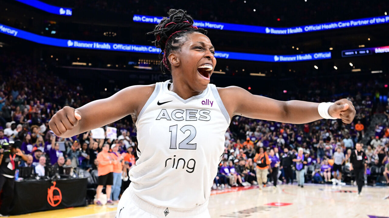 PHOENIX, AZ - OCTOBER 10: Chelsea Gray #12 of the Las Vegas Aces celebrates after winning the 2025 WNBA Finals against the Phoenix Mercury during Game Four of the WNBA Finals on October 10, 2025 at PHX Arena in Phoenix, Arizona. Mandatory Copyright Notice: Copyright 2025 NBAE