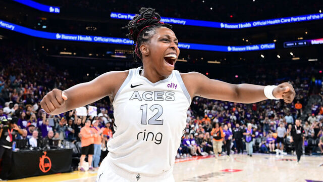 PHOENIX, AZ - OCTOBER 10: Chelsea Gray #12 of the Las Vegas Aces celebrates after winning the 2025 WNBA Finals against the Phoenix Mercury during Game Four of the WNBA Finals on October 10, 2025 at PHX Arena in Phoenix, Arizona. Mandatory Copyright Notice: Copyright 2025 NBAE