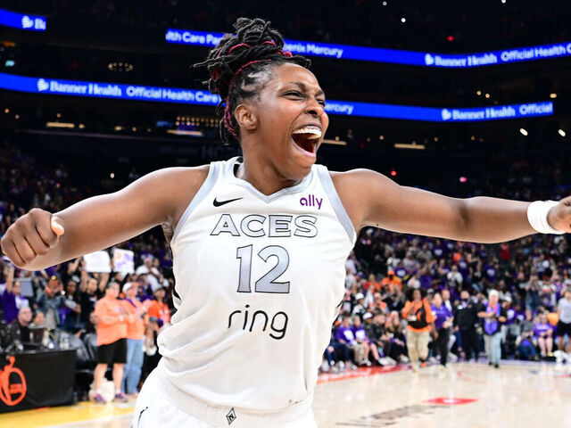 PHOENIX, AZ - OCTOBER 10: Chelsea Gray #12 of the Las Vegas Aces celebrates after winning the 2025 WNBA Finals against the Phoenix Mercury during Game Four of the WNBA Finals on October 10, 2025 at PHX Arena in Phoenix, Arizona. Mandatory Copyright Notice: Copyright 2025 NBAE