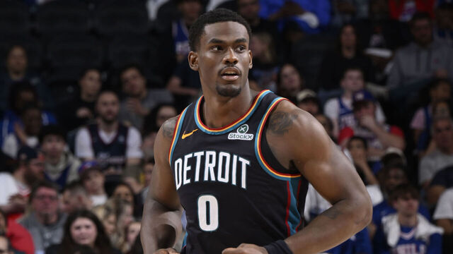PHILADELPHIA, PA - APRIL 4: Jalen Duren #0 of the Detroit Pistons looks on during the game against the Philadelphia 76ers on April 4, 2026 at the Wells Fargo Center in Philadelphia, Pennsylvania NOTE TO USER: User expressly acknowledges and agrees that, by downloading and/or using this Photograph, user is consenting to the terms and conditions of the Getty Images License Agreement. Mandatory Copyright Notice: Copyright 2026 NBAE