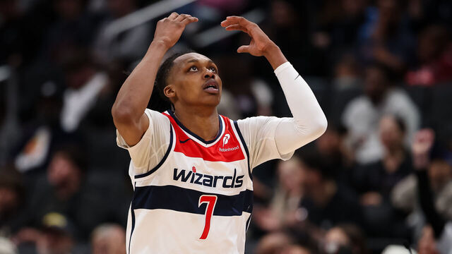 WASHINGTON, DC - APRIL 07: Bub Carrington #7 of the Washington Wizards reacts to a play against the Chicago Bulls during the second half at Capital One Arena on April 7, 2026 in Washington, DC.