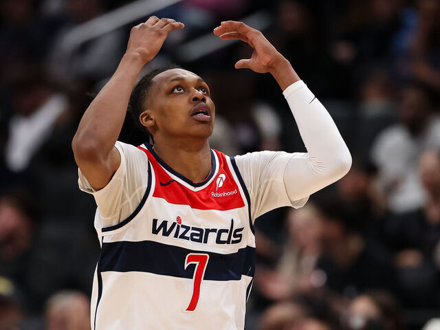 WASHINGTON, DC - APRIL 07: Bub Carrington #7 of the Washington Wizards reacts to a play against the Chicago Bulls during the second half at Capital One Arena on April 7, 2026 in Washington, DC.