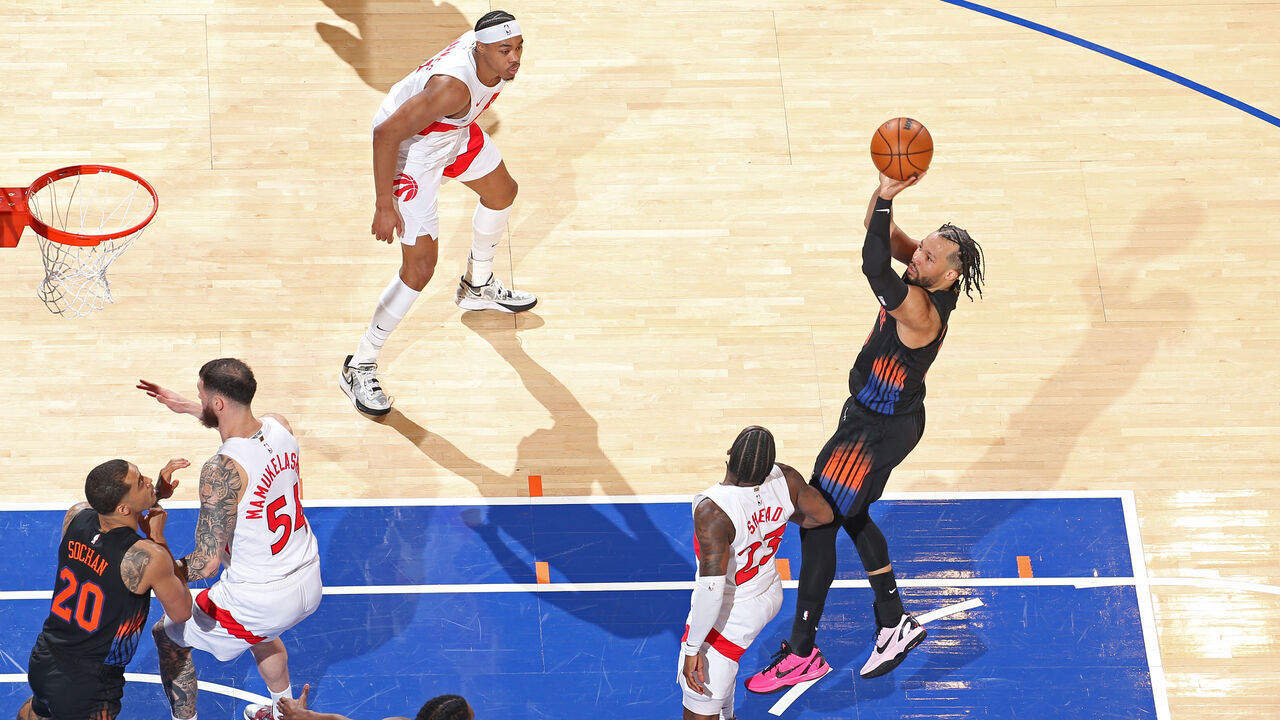 NEW YORK, NY - APRIL 10: Jalen Brunson #11 of the New York Knicksshoots the ball during the game against the Toronto Raptors on April 10, 2026 at Madison Square Garden in New York City, New York. Mandatory Copyright Notice: Copyright 2026 NBAE