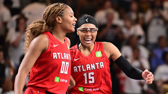 ATLANTA, GA - SEPTEMBER 14: Naz Hillmon #00 and Allisha Gray #15 of the Atlanta Dream celebrates during Round One Game One of the 2025 WNBA Playoffs against the Indiana Fever on September 14, 2025 at Gateway Center Arena at College Park in Atlanta, Georgia. Mandatory Copyright Notice: Copyright 2025 NBAE