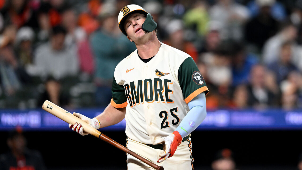 BALTIMORE, MARYLAND - APRIL 10: Pete Alonso #25 of the Baltimore Orioles reacts after striking out to end the third inning against the San Francisco Giants at Oriole Park at Camden Yards on April 10, 2026 in Baltimore, Maryland.