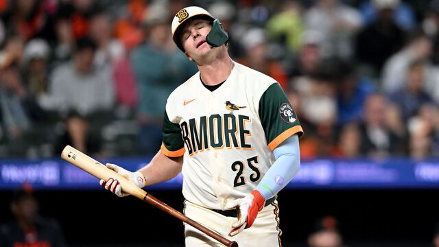 BALTIMORE, MARYLAND - APRIL 10: Pete Alonso #25 of the Baltimore Orioles reacts after striking out to end the third inning against the San Francisco Giants at Oriole Park at Camden Yards on April 10, 2026 in Baltimore, Maryland.