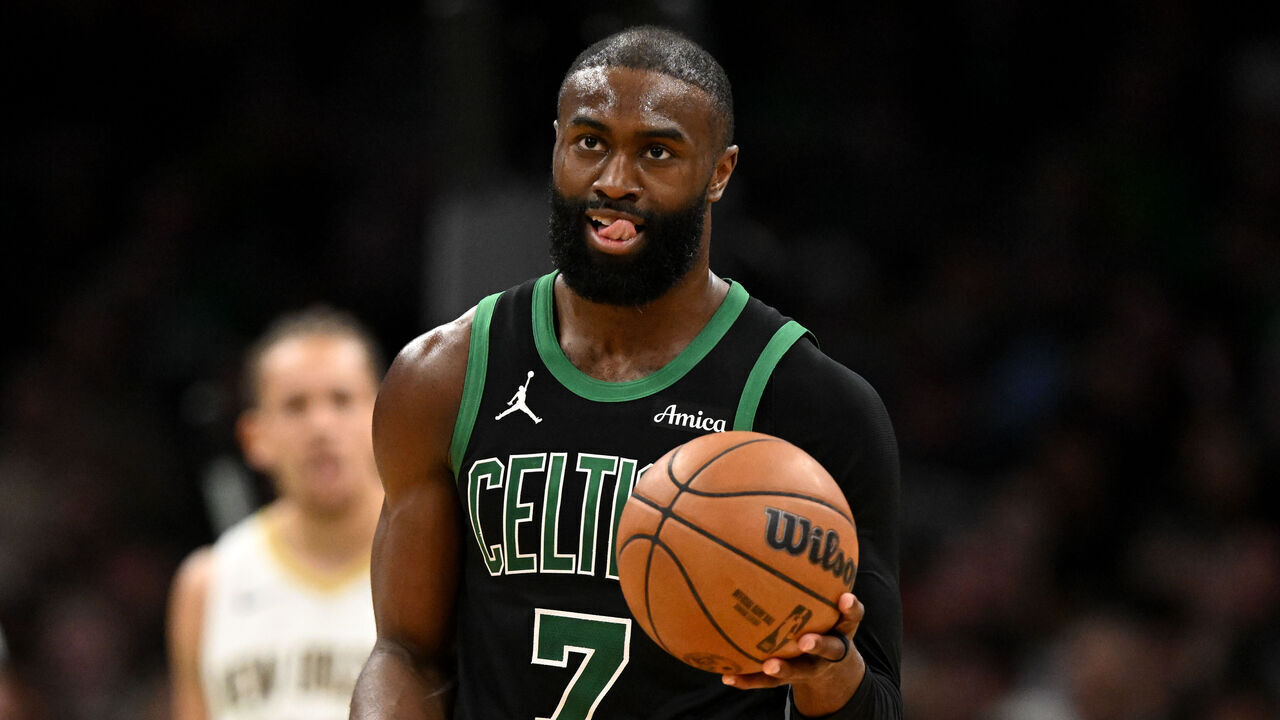 BOSTON, MASSACHUSETTS - APRIL 10: Jaylen Brown #7 of the Boston Celtics reacts after being called for a foul during the second half of a game against the New Orleans Pelicans at the TD Garden on April 10, 2026 in Boston, Massachusetts.