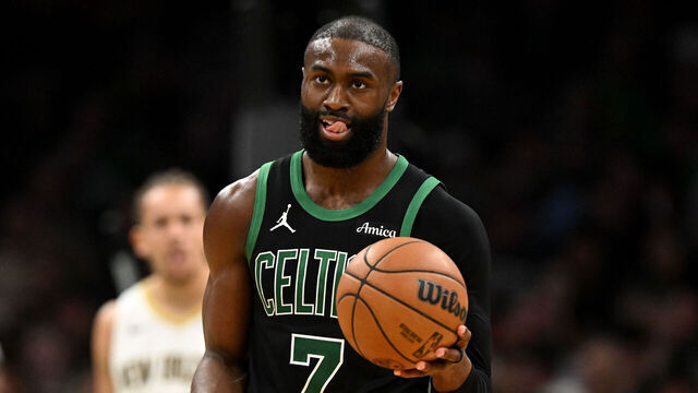 BOSTON, MASSACHUSETTS - APRIL 10: Jaylen Brown #7 of the Boston Celtics reacts after being called for a foul during the second half of a game against the New Orleans Pelicans at the TD Garden on April 10, 2026 in Boston, Massachusetts.