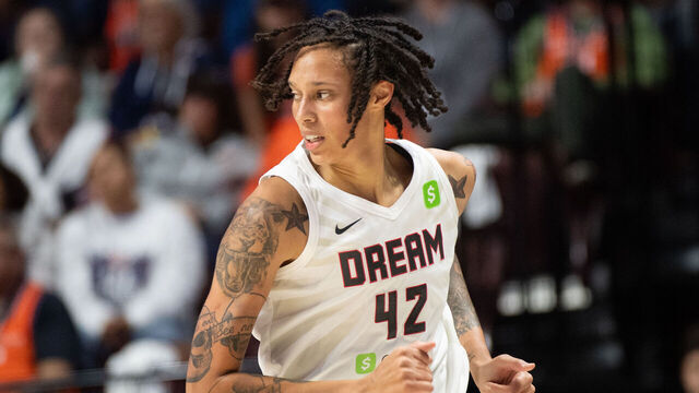 UNCASVILLE, CT - SEPTEMBER 10: Atlanta Dream center Brittney Griner (42) runs on the court during a WNBA game between the Atlanta Dream and the Connecticut Sun on September 10, 2025, at Mohegan Sun Arena in Uncasville, CT.