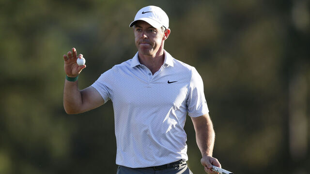 AUGUSTA, GEORGIA - APRIL 10: Rory McIlroy of Northern Ireland reacts on the 18th green during the second round of the 2026 Masters Tournament at Augusta National Golf Club on April 10, 2026 in Augusta, Georgia.