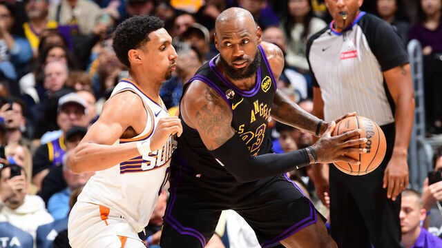 LOS ANGELES, CA - APRIL 10: LeBron James #23 of the Los Angeles Lakers dribbles the ball during the game against the Phoenix Suns on April 10, 2026 at Crypto.Com Arena in Los Angeles, California. NOTE TO USER: User expressly acknowledges and agrees that, by downloading and/or using this Photograph, user is consenting to the terms and conditions of the Getty Images License Agreement. Mandatory Copyright Notice: Copyright 2026 NBAE