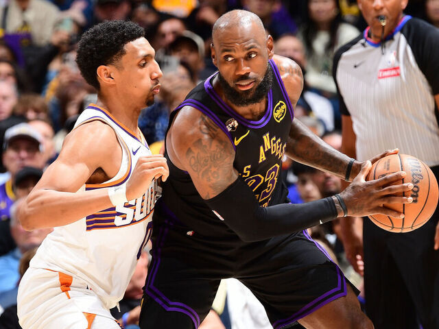 LOS ANGELES, CA - APRIL 10: LeBron James #23 of the Los Angeles Lakers dribbles the ball during the game against the Phoenix Suns on April 10, 2026 at Crypto.Com Arena in Los Angeles, California. NOTE TO USER: User expressly acknowledges and agrees that, by downloading and/or using this Photograph, user is consenting to the terms and conditions of the Getty Images License Agreement. Mandatory Copyright Notice: Copyright 2026 NBAE