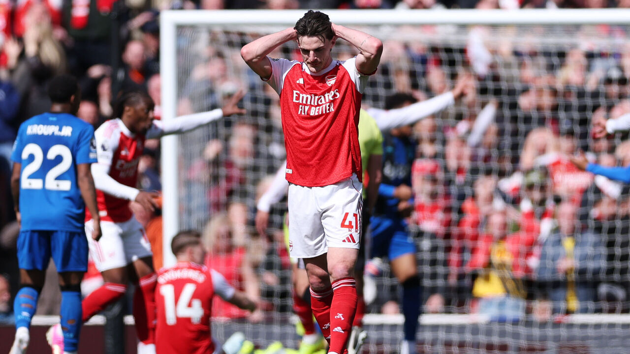 LONDON, ENGLAND - APRIL 11: Declan Rice of Arsenal reacts during the Premier League match between Arsenal and Bournemouth at Emirates Stadium on April 11, 2026 in London, England.