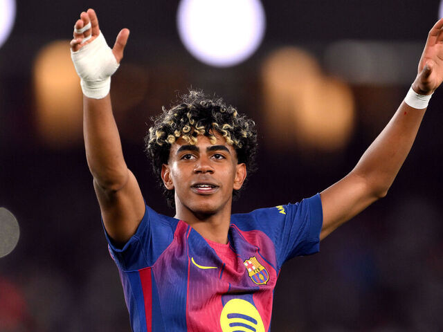 BARCELONA, SPAIN - APRIL 11: Lamine Yamal of FC Barcelona celebrates victory after the LaLiga EA Sports match between FC Barcelona and RCD Espanyol de Barcelona at Spotify Camp Nou on April 11, 2026 in Barcelona, Spain.