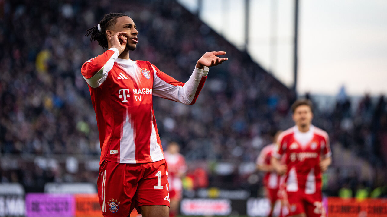 HAMBURG, GERMANY - APRIL 11: Michael Olise of FC Bayern Muenchen celebrates scoring his team's third goal during the Bundesliga match between FC St. Pauli and FC Bayern München at Millerntor Stadium on April 11, 2026 in Hamburg, Germany.