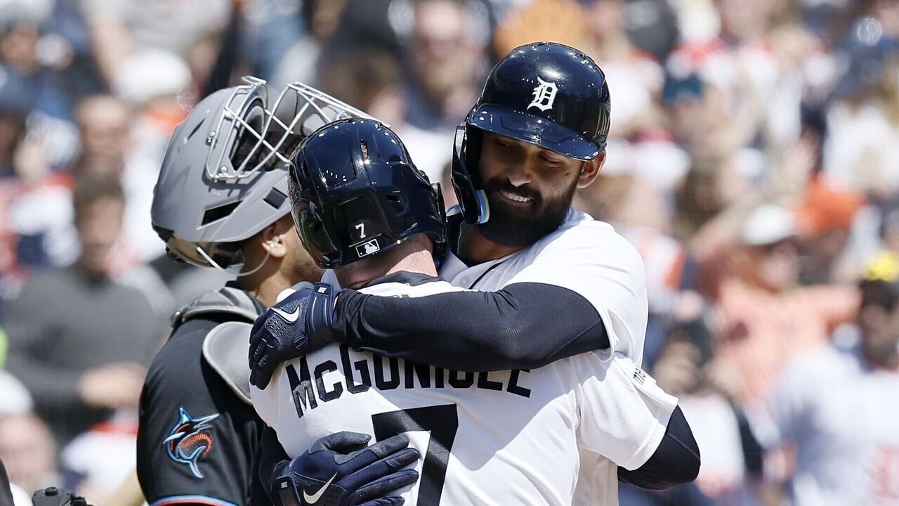 DETROIT, MI - APRIL 11: Riley Greene #31 of the Detroit Tigers is hugged by Kevin McGonigle #7 after hitting a three-run home run against the Miami Marlins during the third inning at Comerica Park on April 11, 2026 in Detroit, Michigan.