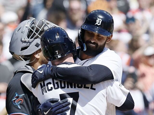 DETROIT, MI - APRIL 11: Riley Greene #31 of the Detroit Tigers is hugged by Kevin McGonigle #7 after hitting a three-run home run against the Miami Marlins during the third inning at Comerica Park on April 11, 2026 in Detroit, Michigan.